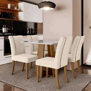 Conjunto de Mesa Sala de Jantar Atenas com 4 Cadeiras Dobuê Carvalho/Off White